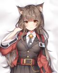  1girl animal_ear_fluff animal_ears arknights bangs bed_sheet belt black_belt black_neckwear black_skirt black_vest blush breasts brown_eyes brown_hair cat_ears chain commentary eyebrows_visible_through_hair hand_up id_card jacket long_hair long_sleeves looking_at_viewer lying medium_breasts necktie on_back open_clothes open_jacket red_jacket shirt skirt skyfire_(arknights) sobmarine solo upper_body vest white_shirt wide_sleeves 