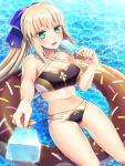  1girl ahoge artist_name artoria_pendragon_(all) artoria_pendragon_(caster) ass_visible_through_thighs bare_shoulders bikini blonde_hair blush breasts cleavage commentary_request eyebrows_visible_through_hair fate/grand_order fate_(series) floating food green_eyes hair_between_eyes large_breasts long_hair looking_at_viewer makina_(frog) navel open_mouth popsicle sleeveless solo stomach swimsuit tongue twitter_username water watermark 