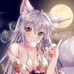  1girl :3 animal_ear_fluff animal_ears bangs bare_shoulders blush breasts brown_eyes cleavage closed_mouth collarbone commentary_request eyebrows_visible_through_hair fingernails food_in_mouth fox_ears fox_girl fox_shadow_puppet fox_tail full_moon hair_between_eyes hand_up japanese_clothes kimono leaf_print long_hair looking_at_viewer medium_breasts mochi moon mouth_hold night night_sky off_shoulder open_clothes open_kimono original outdoors print_kimono silver_hair sky solo tail tail_raised tateha_(marvelous_grace) upper_body white_kimono 
