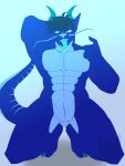 3:4 anonymous_artist anthro black_hair blue_body blue_eyes blue_tongue christopher_wyvern dragon hair hi_res horn kneeling looking_at_viewer male muscular muscular_anthro muscular_male nude pose scalie seductive slit solo striped_tail stripes tongue tongue_out 