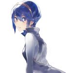  1girl aisutabetao alternate_hair_length alternate_hairstyle blue_eyes blue_hair breasts fire_emblem fire_emblem_awakening leaning_forward looking_at_viewer looking_back lucina_(fire_emblem) parted_lips short_hair small_breasts solo white_background 