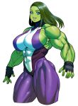  abs blue_eyes breasts commentary green_skin highres large_breasts leotard looking_at_viewer marvel muscle muscular_female she-hulk solo superhero synecdoche white_background 