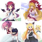  5girls :d :o absurdres animal_ear_fluff animal_ears bangs bare_arms bare_shoulders bell bell_collar black_footwear black_sailor_collar black_skirt black_wings blonde_hair blue_dress blue_eyes blue_neckwear borrowed_character bow breasts cat_ears cat_girl cat_tail chibi collar commentary_request curled_horns demon_girl demon_horns demon_wings detached_sleeves detached_wings dress eyebrows_visible_through_hair fang food frilled_dress frills hair_between_eyes hair_bow highres holding holding_food horns jingle_bell large_breasts leaning_forward long_hair long_sleeves low_ponytail maid mini_wings multiple_girls neckerchief open_mouth original parted_lips pink_hair pleated_skirt ponytail purple_bow red_bow red_collar red_eyes red_hair ryogo sailor_collar sailor_dress school_uniform serafuku shirt shoes skirt sleeveless sleeveless_dress sleeveless_shirt smile tail thighhighs v-shaped_eyebrows very_long_hair white_dress white_legwear white_sailor_collar white_shirt white_sleeves wide_sleeves wing_hair_ornament wings 