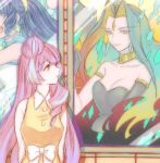  3girls black_hair blue_hair choujikuu_yousai_macross faceless faceless_female green_eyes hair_bun highres hoshiya long_hair looking_back lynn_minmay macross macross_delta macross_plus mikumo_guynemer multiple_girls painting_(object) purple_hair red_eyes sharon_apple 