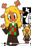  1girl animal_ears antlers art_program_in_frame blonde_hair brown_eyes brown_fur buck_teeth checkered_clothes checkered_vest deer_antlers deer_ears deer_girl deer_tail deltarune furry furry_female highres horns ibispaint_(medium) long_hair noelle_holiday red_nose reference_inset reindeer_girl solo tail teeth two-tone_sweater_vest utdr_(toby_fox) vest waving weemonstah 