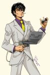  1boy black_hair cigarette collared_shirt commentary_request devil_summoner_(game) devil_summoner_(series) grey_eyes grey_pants gump_(devil_summoner) holding holding_lighter holding_weapon kuzunoha_kyouji lighter necktie pants purple_shirt shirt sio_essay solo watch weapon wristwatch yellow_necktie 