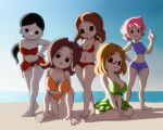  5girls all_fours animal_crossing barefoot beach bikini bikini_skirt black_eyes black_hair blonde_hair blue_bikini breasts brown_hair cleavage colored_skin commentary day english_commentary freckles frilled_bikini frills glasses green_bikini hand_on_own_hip head_tilt highres in-franchise_crossover index_finger_raised kumatora large_breasts lineup long_hair looking_at_viewer medium_breasts midriff mii_(nintendo) mii_gunner mii_gunner_(smash_4) mother_(series) mother_3 multiple_girls navel nikki_(swapnote) ocean orange_bikini outdoors parody pink_hair ponytail red_bikini rhythm_tengoku sarong semi-rimless_eyewear short_hair shorts sitting sky smile soandnb standing style_parody super_smash_bros. swapnote swimsuit tankini v_arms villager_(animal_crossing) white_skin yuka_(rhythm_tengoku) 