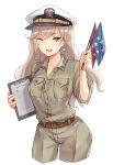  1girl belt blonde_hair blush breasts brown_belt camouflage camouflage_pants camouflage_shirt collarbone earrings eyebrows_visible_through_hair flag green_eyes hat highres holding holding_flag holding_notebook jewelry long_hair looking_at_viewer military military_hat military_uniform missouri_(warship_girls_r) notebook one_eye_closed open_mouth pants solo star_(symbol) star_earrings uniform warship_girls_r white_background yuemanhuaikong 