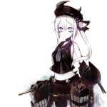 1girl abyssal_ship black_hat black_skirt blue_sailor_collar colored_skin commentary_request crop_top destroyer_princess hair_between_eyes hat highres horned_hat kantai_collection long_hair looking_at_viewer miniskirt nagi_099 neckerchief pleated_skirt sailor_collar side_ponytail sidelocks simple_background skirt sleeveless solo white_background white_hair white_skin 