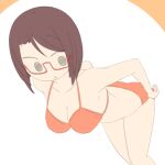  1girl :o adjusting_clothes adjusting_swimsuit bare_arms bare_shoulders bikini breasts brown_hair cleavage commentary_request glasses juukyuu leaning_forward medium_breasts nanako_(juukyuu) orange_background orange_bikini original parted_lips red-framed_eyewear semi-rimless_eyewear short_hair solid_circle_eyes solo swimsuit two-tone_background under-rim_eyewear white_background 
