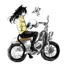  1girl animal_ears black_hair black_nose black_pants cat_ears cat_girl cat_tail commentary cross english_commentary facing_to_the_side furry furry_female gloves grey_eyes handlebar helmet highres jacket leather leather_gloves long_hair messy_hair motor_vehicle motorcycle motorcycle_helmet omnukij on_motorcycle original pale_skin pants signature tail white_background yellow_jacket zipper_pull_tab 
