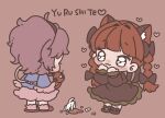  2girls :3 animal_ears black_bow black_dress black_skirt blue_shirt bow braid braided_twintails broken_cup cat_ears cat_girl cat_tail chibi chibi_only commentary_request cup disembodied_linked_eye dress extra_ears full_body hair_bow heart kaenbyou_rin komeiji_satori long_hair long_sleeves looking_at_another multiple_girls multiple_tails pink_shirt pink_socks pleading_eyes purple_hair red_eyes red_slippers romaji_text sasa6666s shirt short_hair skirt slippers socks spill standing tail teacup touhou translated two_tails 
