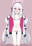  1girl @_@ absurdres ajisawa_aji averting_eyes bikini black_hairband blue_archive blush coat commentary double-parted_bangs hair_between_eyes hairband half_updo halo highres jacket kei_(blue_archive) kei_(student)_(blue_archive) kneeling long_hair long_hair_between_eyes long_sleeves looking_to_the_side loosely_tucked_bangs lowleg lowleg_bikini micro_bikini multicolored_jacket navel no_pants no_shirt open_clothes open_coat open_mouth opening_own_clothes peanut_mouth pink_eyes pink_halo rectangular_halo side-tie_bikini_bottom silver_bikini simple_background skinny solo stomach string_bikini swimsuit triangle_bikini_top two-tone_jacket untranslatable_commentary very_long_hair white_hair white_jacket 
