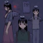 1girl angel angel_wings black_eyes black_hair blue_jacket feathered_wings haibane_renmei halo highres jacket jewelry necklace reki_(haibane_renmei) wings ynomii_(20250324) 