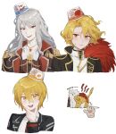  1boy 1girl absurdres animalization black_jacket blonde_hair blush brown_jacket cat character_name chinese_commentary claw_mark collared_shirt commentary_request cropped_torso cup_on_head don_quixote_(project_moon) embarrassed epaulettes fangs feather_boa frown gold_trim grey_hair highres hissing jacket la_manchaland's_don_quixote_(project_moon) limbus_company long_hair looking_at_viewer messy_hair necktie project_moon red_eyes red_necktie sancho_(project_moon) shirt short_hair simple_background slit_pupils smile white_background white_shirt yellow_eyes zhishi_hanbao_qiu 