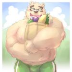  1:1 2020 anthro belly blush bottomwear brown_body brown_fur bulge clothing eyewear food fur glasses hi_res kemono male mammal meimei_kia moobs nipples one_eye_closed overweight overweight_anthro overweight_male pants plant solo tokyo_afterschool_summoners ursid vegetable video_games volos wink 