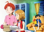  2boys 3girls absurdres ahoge ash_ketchum blue_jacket blush bonnie_(pokemon) brown_eyes brown_hair chair clemont_(pokemon) commentary_request curtains delia_ketchum eye_contact eyelashes gen_1_pokemon greatestwashi hair_tie highres holding holding_plate holding_pot indoors jacket looking_at_another looking_in_window mittens mother_and_son multiple_boys multiple_girls open_mouth pikachu pink_mittens plate pokemon pokemon_(anime) pokemon_(creature) pokemon_on_leg pokemon_xy_(anime) ponytail pot serena_(pokemon) shiny shiny_hair short_hair short_sleeves shorts sitting skirt socks tied_hair tongue white_legwear window 
