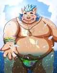  2020 anthro belly blush brown_body brown_fur bulge clothing fur gouryou hi_res kemono male mammal moobs obese obese_anthro obese_male one_eye_closed outside overweight overweight_anthro overweight_male solo suid suina sus_(pig) swimwear tdph2dubnoxxthu tokyo_afterschool_summoners video_games water wild_boar wink 