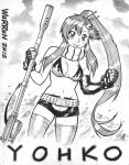  1girl 2012 adam_warren anti-materiel_rifle bad_source belt bikini bikini_top_only breasts character_name clenched_hand commentary dated elbow_gloves english_commentary fingerless_gloves flame_print gloves graphite_(medium) greyscale gun hair_ornament hair_stick highres long_hair looking_at_viewer monochrome navel print_bikini rifle scarf short_shorts shorts single_elbow_glove skull_hair_ornament sniper_rifle solo standing swimsuit tengen_toppa_gurren_lagann thighhighs traditional_media weapon yoko_littner 