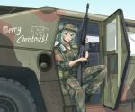  1girl :3 alice_gear animal_ears assault_rifle belt_pouch black_boots boots camouflage camouflage_hat camouflage_jacket camouflage_pants cargo_pants cat_ears cat_girl cigarette combat_boots combat_helmet ears_through_headwear english_text foot_out_of_frame green_hair gun hat helmet highres holding holding_weapon humvee jacket knee_up load-bearing_equipment looking_at_viewer m16 m16a2 medium_hair merry_christmas military_uniform moe_internationale motor_vehicle outdoors pants pasgt_helmet pouch rifle satou_yaniko sitting sleeves_rolled_up smoke smoking solo united_states_army weapon woodland_camouflage yani_neko yellow_eyes 