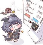  absurdres ahoge all_fours bandaged_foot bandaged_leg bandaged_tail bandages black_hairband black_tunic blush_stickers brown_hair chibi chibi_only coin commentary_request crying crying_with_eyes_open diyap_(style) dragon_ears dragon_girl dragon_horns dragon_tail dragon_wings dropped_food fang fewer_digits furisode_sleeves hair_between_eyes hair_bun hairband highres holding holding_coin horns jacket kidian_(trickcal) korean_commentary long_hair meme necktie open_mouth pleading_eyes price purple_necktie rak_rak_yee rohne_(mayor)_(trickcal) sash slippery_when_wet_sign speakiposting_(meme) tail tearing_up tears torn_wings trickcal tunic two-tone_wings vending_machine wavy_eyes wings 