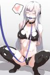  1girl ak-12_(girls_frontline) arms_behind_back ball_gag bangs bdsm blush bondage bound bound_arms bound_legs braid breasts closed_eyes collar drooling eyebrows_visible_through_hair french_braid gag girls_frontline heart kageshio_(276006) leash long_hair medium_breasts navel sidelocks silver_hair solo spoken_heart squatting thighs very_long_hair 