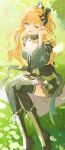  1girl :d ;d absurdres blonde_hair boots breasts cleavage commentary_request day detached_sleeves floating_hair garter_straps green_boots green_eyes green_skirt green_sleeves green_thighhighs highres jewelry long_hair long_sleeves mahou_shoujo_no_majo_saiban medium_breasts miniskirt one_eye_closed outdoors petals ring saeki_miria sitting skirt smile solo thighhighs tilemo0 zettai_ryouiki 