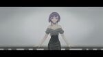 1girl bang_dream! bang_dream!_it's_mygo!!!!! black_choker black_skirt choker closed_mouth commentary cowboy_shot grey_shirt highres letterboxed light_smile looking_at_viewer lunafeast outdoors parody purple_hair railing red_eyes shirt short_hair silent_hill_(series) silent_hill_2 skirt solo standing yuutenji_nyamu 
