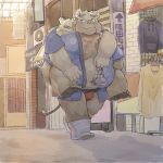  1:1 2020 anthro asian_clothing belly bulge carrying chocobibear clothing detailed_background duo east_asian_clothing eyes_closed fundoshi japanese_clothing kemono male mammal navel outside overweight overweight_male suid suina sus_(pig) underwear wild_boar 