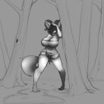  1:1 anthro big_breasts bottomwear breasts cleavage clothed clothing female hi_res huge_breasts mammal monochrome outside shorts solo torachan tree 