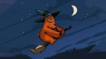  16:9 2020 bear_and_breakfast broom_riding brown_body brown_fur clothing feral fur grimbanana hat headgear headwear mammal moon night official_art outside overweight overweight_feral solo ursid video_games widescreen witch_hat 