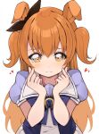  1girl animal_ears black_bow bow bowtie closed_mouth commentary_request double_finger_heart ear_bow ears_down finger_heart frown hair_between_eyes horse_ears horse_girl long_hair looking_at_viewer mayano_top_gun_(umamusume) misonikomi orange_eyes orange_hair pleading_eyes pleated_skirt puffy_short_sleeves puffy_sleeves purple_bow purple_bowtie purple_shirt sailor_collar school_uniform shirt short_sleeves simple_background skirt solo tracen_school_uniform two_side_up umamusume white_background white_sailor_collar white_shirt 