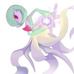  bob_cut colored_skin commentary_request dress energy_ball gardevoir green_hair green_skin hair_over_one_eye highres multicolored_skin nanash_hanashi no_feet one_eye_covered open_mouth pokemon pokemon_(creature) red_eyes short_hair simple_background solo two-tone_skin white_background white_dress white_skin 