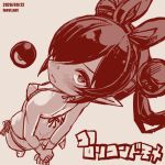  1girl arms_behind_back ass_peek backbeako_(torotei) backbeard bare_shoulders bikini blush bow breasts cleavage clenched_hands closed_mouth commentary dated dated_commentary from_above from_behind gegege_no_kitarou gloves hair_bow hair_over_one_eye imageboard_colors kono_lolicon_domome looking_at_viewer looking_back looking_up monochrome original paid_reward_available petite pointy_ears red_theme short_hair side-tie_bikini_bottom simple_background small_breasts solo standing swimsuit torotei translated twintails web_address white_background 