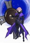  1girl armor black_armor cape closed_mouth commentary_request eyebrows_visible_through_hair fate/grand_order fate_(series) full_body galahad_(fate) hair_over_one_eye highres holding holding_shield holding_weapon knight looking_at_viewer mash_kyrielight pink_hair purple_cape purple_eyes sheath sheathed shield short_hair solo sword weapon yarr 