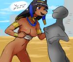  2020 anbs-02 anime anthro blue_eyes blush bottomless breasts brown_body brown_fur canid canine canis clothed clothing duo egyptian english_text female fur genitals grey_body hair hi_res human jackal jewelry male mammal navel nipples open_mouth pussy smile text the-minuscule-task zenonzard 