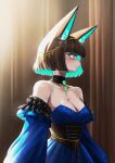  1girl animal_ear_fluff animal_ears animal_nose aqua_eyes aqua_eyeshadow aqua_gem aqua_hair bare_shoulders black_choker black_corset black_hair blue_dress blush bob_cut breasts brooch cat_ears cat_girl choker cleavage closed_mouth collarbone colored_inner_hair commentary corset detached_sleeves dress english_commentary eyeshadow facing_to_the_side frilled_sleeves frills furry furry_female gem gold_tiara hair_ornament highres jewelry lalinowl large_breasts makeup multicolored_hair neri_(lalinowl) original puffy_sleeves short_hair slit_pupils snout solo strapless strapless_dress upper_body white_fur 