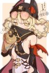  1girl animal_ear_headwear bandana bandana_around_arm bandana_around_neck beanie black_bandana black_cape black_hat black_sleeves blonde_hair blush border braid braided_hair_rings breasts brown_background cape chibi chibi_inset cleavage_cutout clothing_cutout commentary_request covering_own_mouth cross-laced_clothes cross-laced_leotard cross-laced_sleeves crossed_bangs detached_sleeves eyelashes flying_sweatdrops genshin_impact goggles goggles_on_head hair_between_eyes hair_rings hand_up hat highres jahoda_(genshin_impact) kotutgoz6c15813 leotard long_sleeves looking_at_viewer mechanical_arms outside_border pink-tinted_eyewear pink_cape raised_inner_eyebrows red_bandana shy single_mechanical_arm small_breasts solo star-shaped_pupils star_(symbol) symbol-shaped_pupils tinted_eyewear translation_request two-sided_cape two-sided_fabric upper_body white_border white_leotard yellow_eyes 