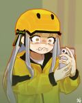  1girl absurdres bang_dream! bang_dream!_it's_mygo!!!!! cellphone commentary constricted_pupils dated_commentary fx_senshi_kurumi-chan grey_hair helmet highres holding holding_phone jacket long_hair long_sleeves looking_at_phone lunafeast parody phone smartphone solo tears togawa_sakiko upper_body wavy_eyes wince yellow_eyes yellow_helmet yellow_jacket 
