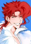 1boy blue_sky cherry_earrings closed_eyes cloud earrings food-themed_earrings jewelry jojo_no_kimyou_na_bouken kakyoin_noriaki male_focus niaoxiongdi outdoors red_hair shirt sky smile solo stardust_crusaders teeth white_shirt 