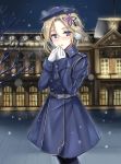  1girl belt beret blonde_hair blue_coat blue_eyes blush character_request coat eyebrows_visible_through_hair gloves hair_ornament hat headphones highres holding_hands looking_at_viewer medium_hair open_eyes open_mouth snowflakes solo star_(symbol) star_hair_ornament warship_girls_r white_gloves winter_clothes winter_coat winter_gloves yuemanhuaikong 