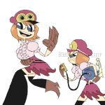  1girl black_thighhighs blue_eyes boots brown_boots brown_gloves brown_hair cartoonized closed_eyes commentary den_den_mushi english_commentary eyelashes from_side gamb1n0 gloves goggles goggles_on_headwear high_heel_boots high_heels highres holding jaggy_lines koala_(one_piece) multiple_views one_piece open_mouth pink_hair pink_skirt puffy_short_sleeves puffy_sleeves shirt short_hair short_sleeves simple_background skirt smile snail sound_effects teeth thighhighs toon_(style) upper_teeth_only veins white_background white_shirt 
