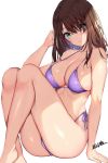  1girl aqua_eyes arm_support bangs barefoot bikini blush breasts brown_hair cleavage eyebrows_visible_through_hair highres large_breasts long_hair looking_at_viewer matarou_(genkai_toppa) original purple_bikini sidelocks simple_background sitting skindentation solo swimsuit thighs white_background 