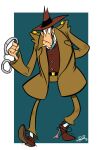  1boy belt belt_buckle black_belt black_hair blue_necktie brown_hat brown_shoes brown_vest buckle buttons chewing_gum cleft_chin closed_mouth coat commentary cuffs english_commentary facial_hair fedora full_body handcuffs hat highres holding holding_handcuffs layered_clothes long_sideburns lupin_iii male_focus necktie open_clothes open_coat redblooper shirt shoes short_hair sideburns signature socks solo standing toon_(style) trench_coat vest white_shirt white_socks zenigata_kouichi 