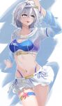  1girl ahoge arm_up bikini blue_bikini breasts crop_top female_esper_zero_(cloudless_summer)_(nte) female_esper_zero_(nte) grey_eyes grey_hair highleg highleg_bikini highres medium_breasts neverness_to_everness official_alternate_costume open_mouth or_estere see-through_clothes see-through_shrug see-through_sleeves short_hair shrug_(clothing) skirt smile solo swimsuit teeth thigh_strap upper_teeth_only white_shrug white_skirt 