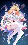  1girl antenna_hair arm_support blonde_hair blush commentary cure_arcana defeat gradient_hair hair_between_eyes hair_intakes hair_ornament high_heels highres hirai_yuzuki long_hair mage_staff meitantei_precure! multicolored_hair on_floor panties pantyshot pink_eyes pink_hair precure ryona sitting solo staff thighhighs torn_clothes torn_thighhighs underwear untranslatable_commentary white_thighhighs 