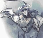  2girls angel angel_wings commentary cuddling english_commentary feathered_wings haibane_renmei halo head_on_chest hug kamenotost lying_on_person multiple_girls rakka_(haibane_renmei) reki_(haibane_renmei) shared_bed sleeping sleeping_on_person sleeping_together wings 