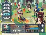  4girls animal_ear_hood arrow_(symbol) black_gloves blue_eyes blue_hair breasts character_name cleavage commentary_request eating elbow_gloves food fork gloves greentanuki hand_on_own_hip hat health_bar holding holding_food holding_fork holding_sandwich hood hood_up long_hair long_sleeves mono_(greentanuki) multiple_girls nina_(greentanuki) original oversized_object red_hair sandwich smile user_interface white_hair witch_hat 