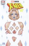 1girl 2026 above-cleavage_cutout aqua_nails artist_name blending blonde_hair blue_eyes blue_eyeshadow blue_lips breast_cutouts breasts closed_mouth clothing_cutout comic_cover commentary copyright_logo cover cover_page cowboy_shot crossed_arms curtained_hair dated diamond_(shape) earrings emma_frost english_commentary eyelashes eyeshadow hands_on_own_arms highres jewelry large_breasts lipstick logo looking_at_viewer makeup marker_(medium) marvel medium_hair narrow_waist navel negative_space sideways_glance signature simple_background straight-on traditional_media weijic white_background x-men 