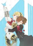  2girls aigis_(persona) android armband bana_(stand_flower) blonde_hair blue_eyes bow bowtie brown_hair bug butterfly closed_mouth commentary_request finger_cannon gekkoukan_high_school_uniform gold_hairband hair_ornament hairband hairclip headphones highres joints long_sleeves multiple_girls persona persona_3 persona_3_portable red_bow red_bowtie robot_ears robot_girl robot_joints s.e.e.s school_uniform shiomi_kotone short_hair skirt yuri 